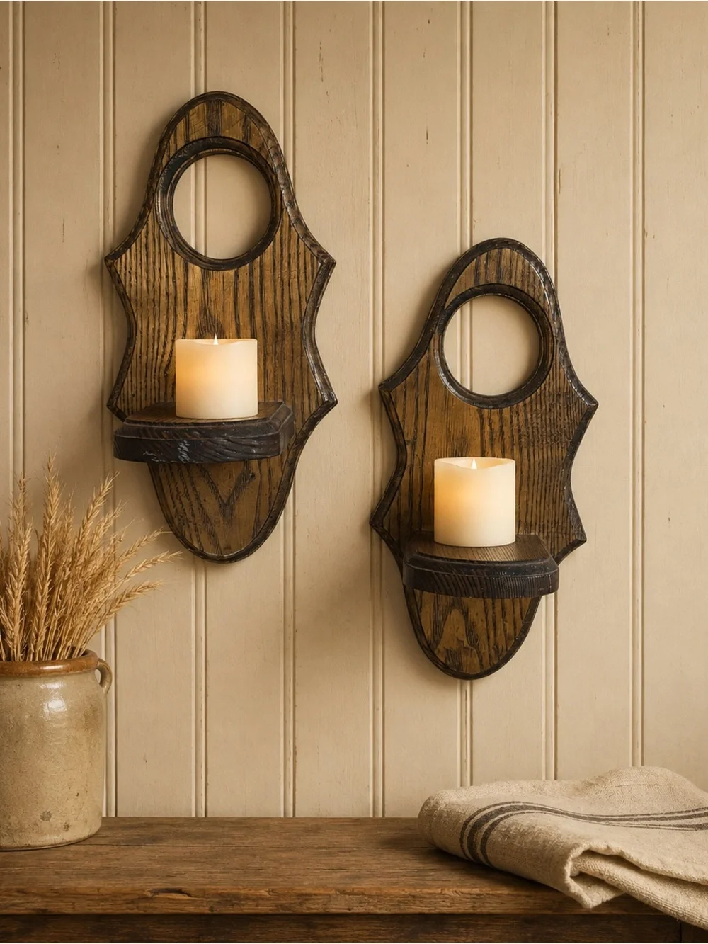 Vintage Wood Wall Shelf Sconces Pair Rustic Primitive Candle Plant Display